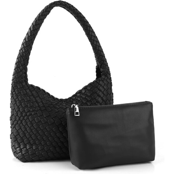 Black Handmade Woven Tote Bag Women Vegan Leather Shoulder Purse Stylish Fashion